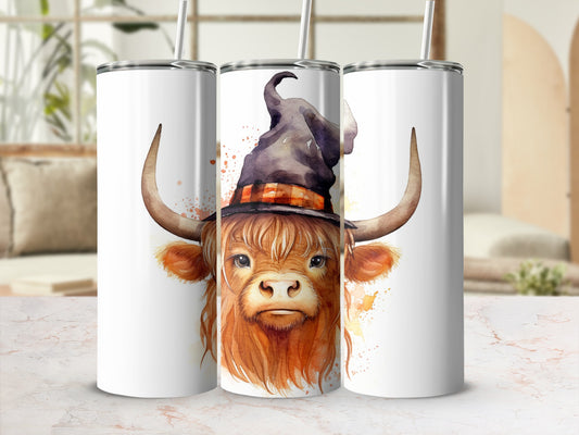 Highland cow with witch hat, watercolor style, on white tumbler.