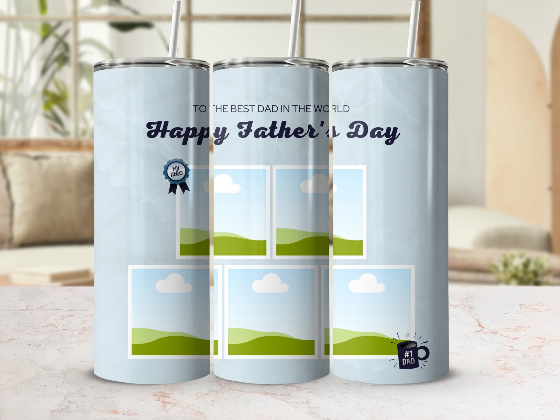 Tumbler with "Happy Father's Day" and "My Hero" graphics and customizable photo frames.