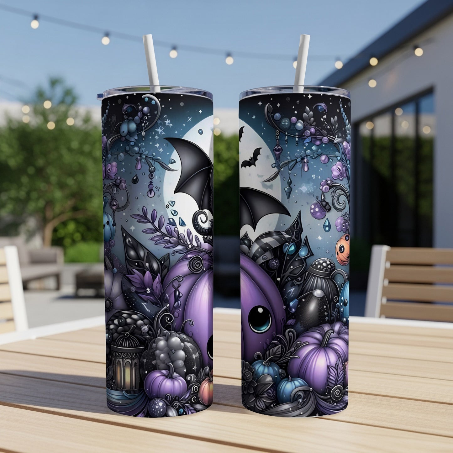 Two tumblers with a whimsical Halloween design featuring purple pumpkins, bats, and a moon.