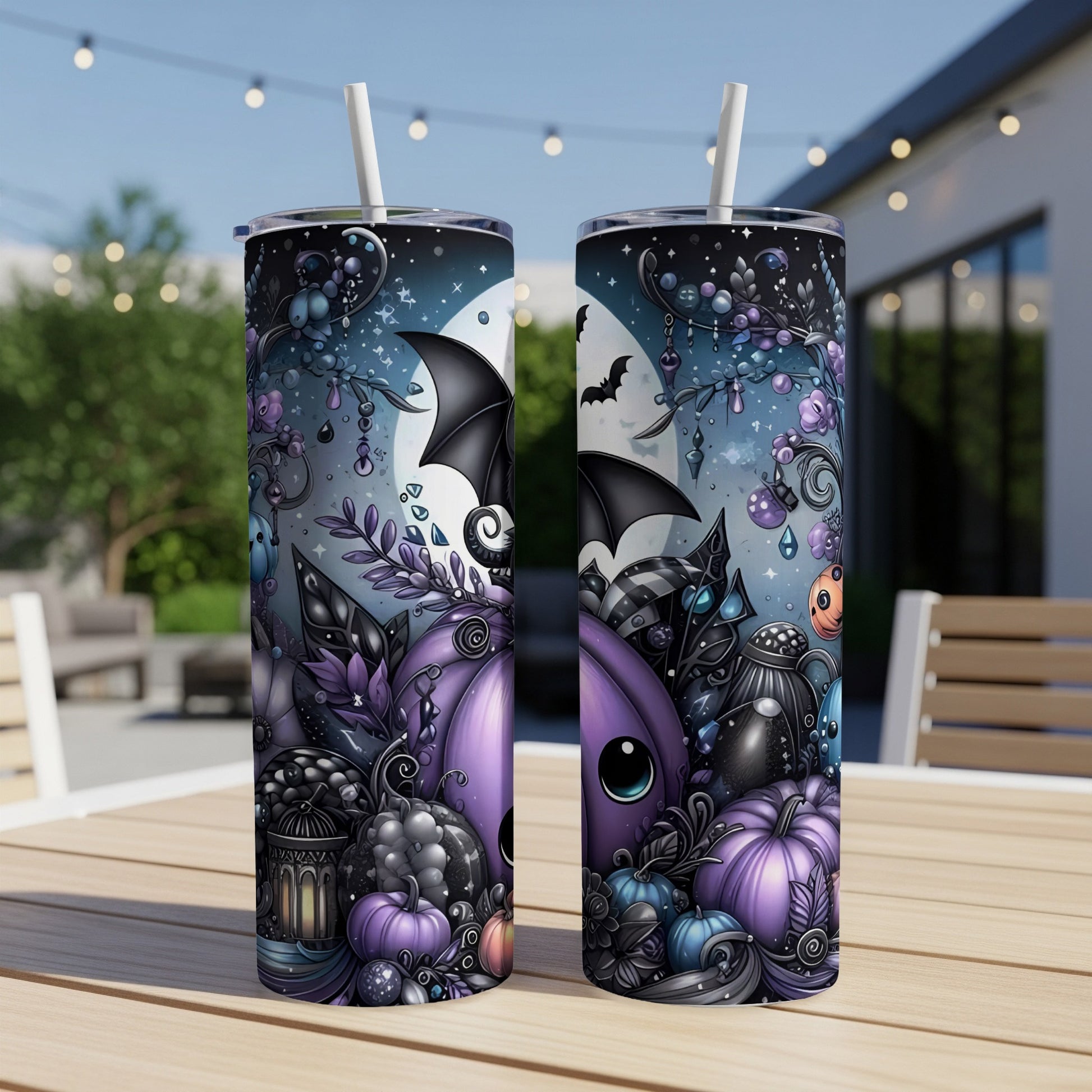 Two tumblers with a whimsical Halloween design featuring purple pumpkins, bats, and a moon.