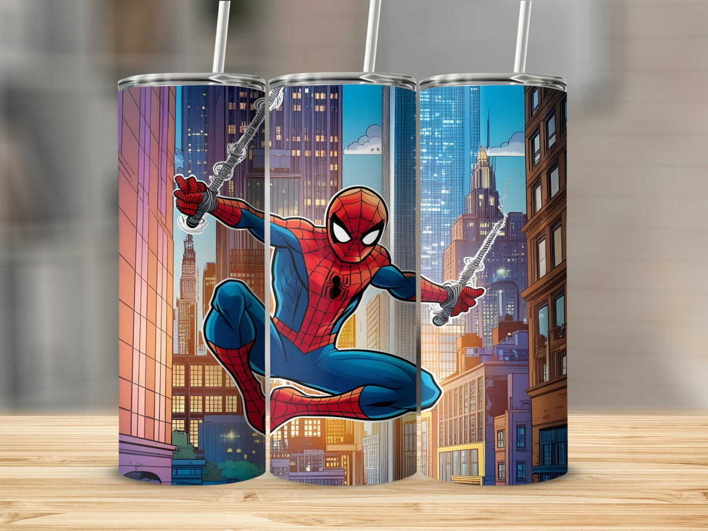 Spiderman swinging through a city skyline, digital art tumbler design.