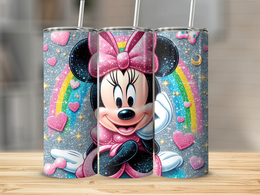 Glittery Rainbow Minnie Mouse Tumbler with Hearts