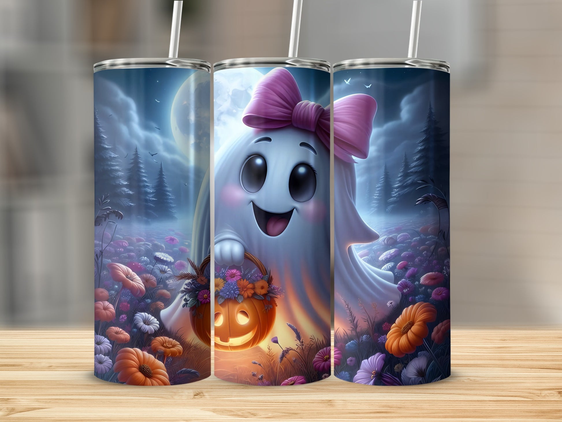 Three tumblers with a cute ghost holding a pumpkin basket in a moonlit field.