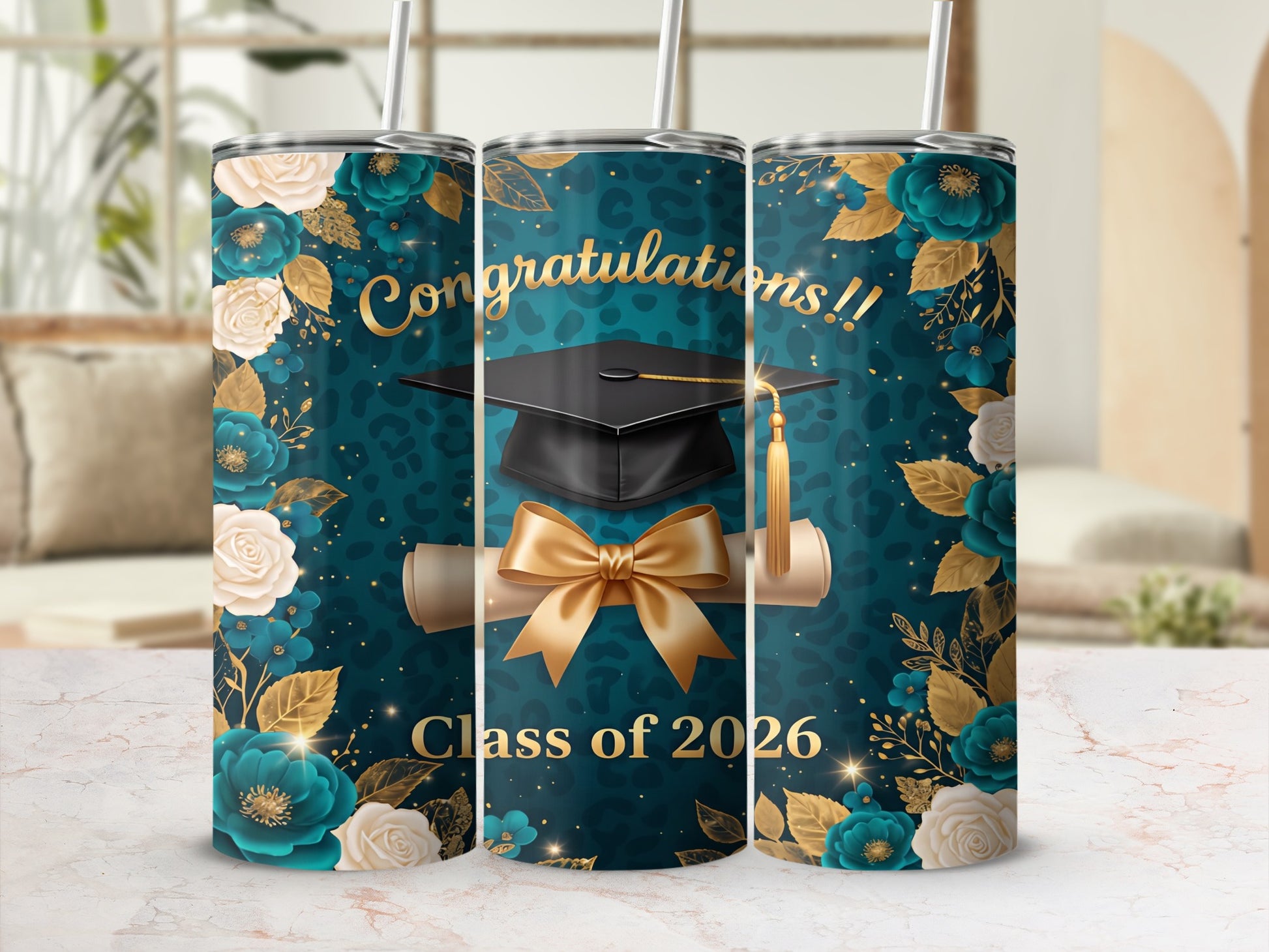 Graduation tumbler with "Congratulations!!" and "Class of 2026" text.