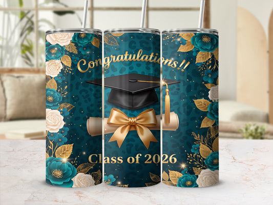 Graduation tumbler with "Congratulations!!" and "Class of 2026" text.