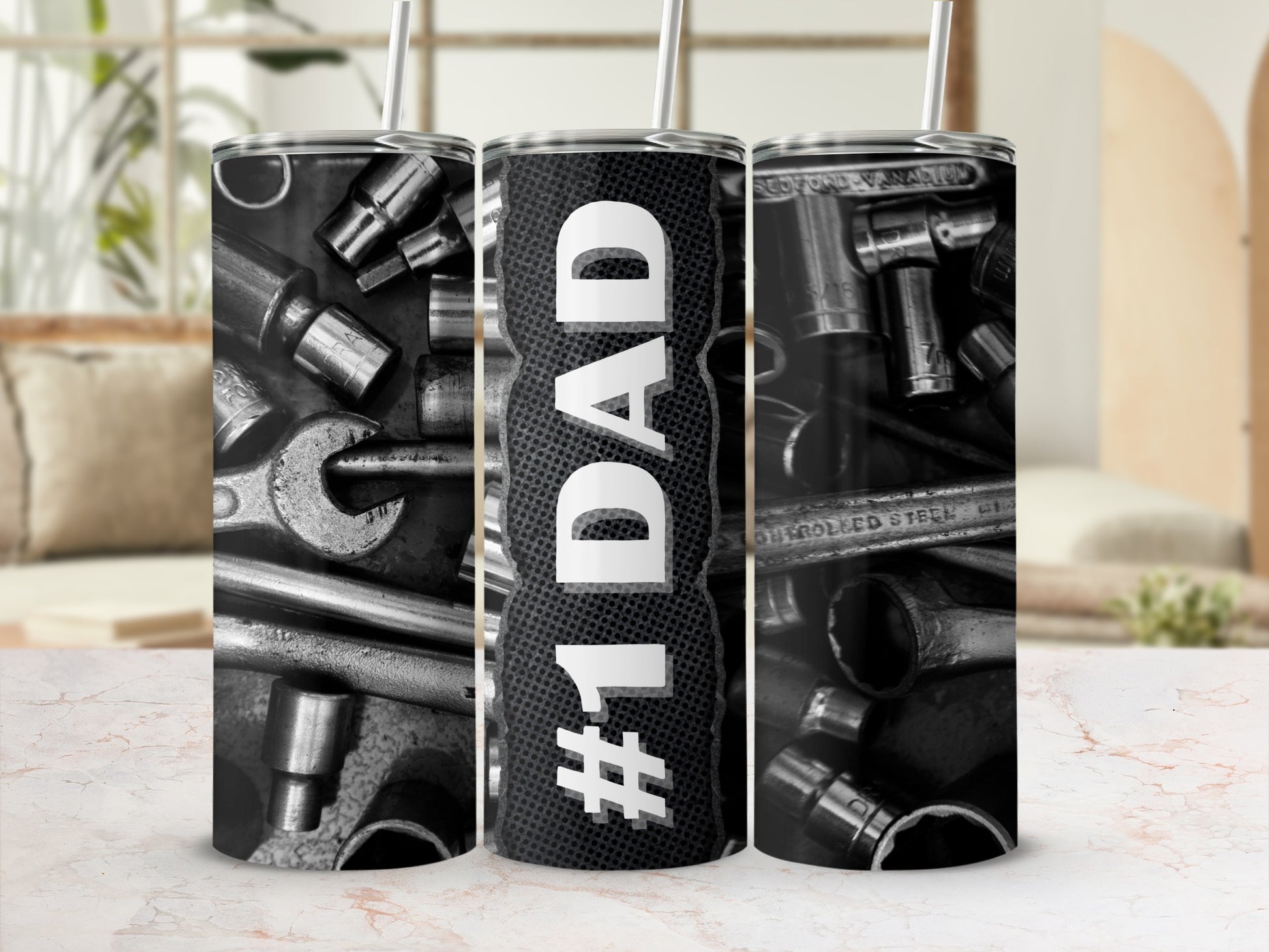 Ternary tumbler with #1 DAD text and wrench graphic, stainless steel.