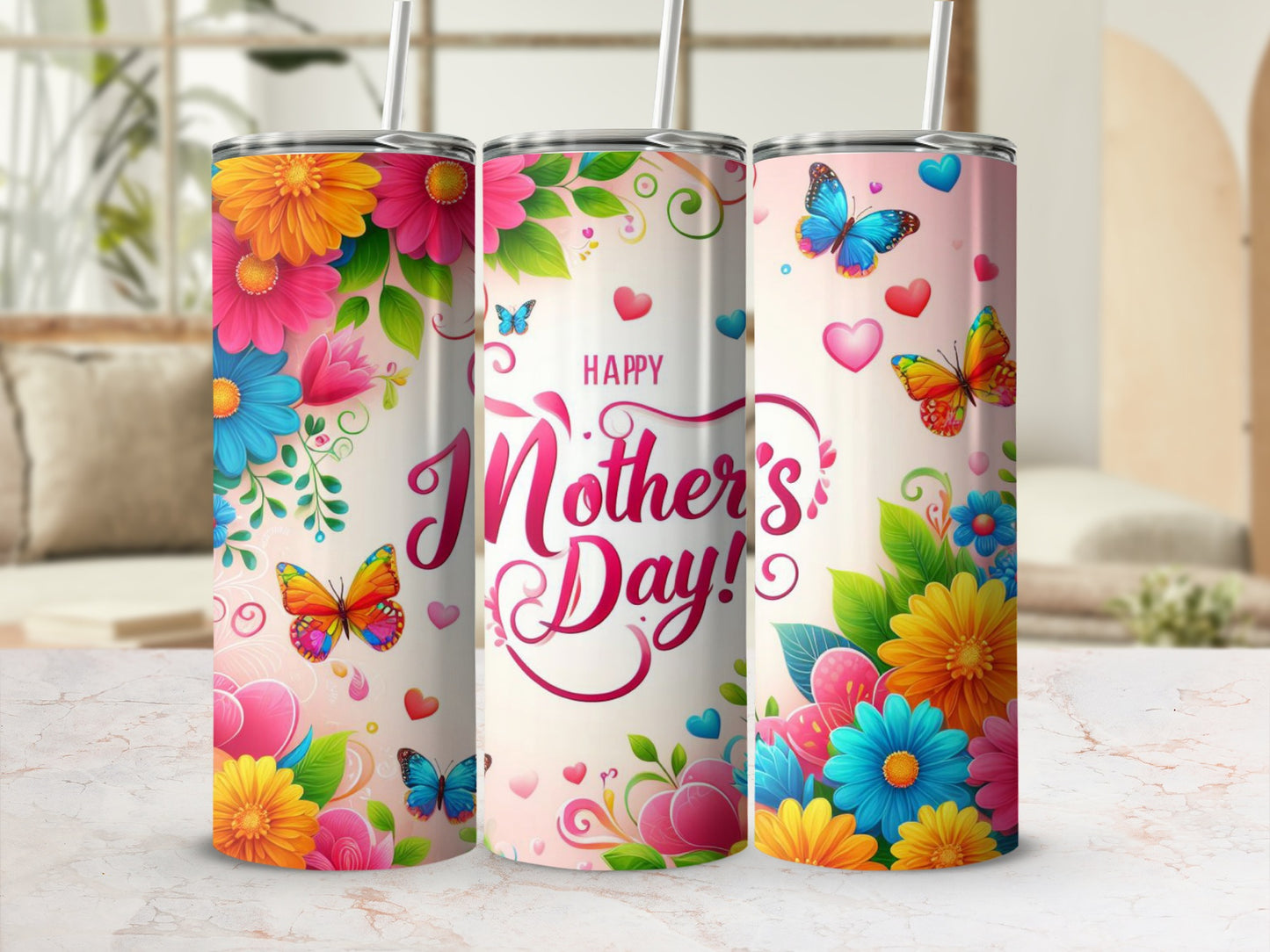 Happy Mother's Day Floral and Butterfly Design Tumbler