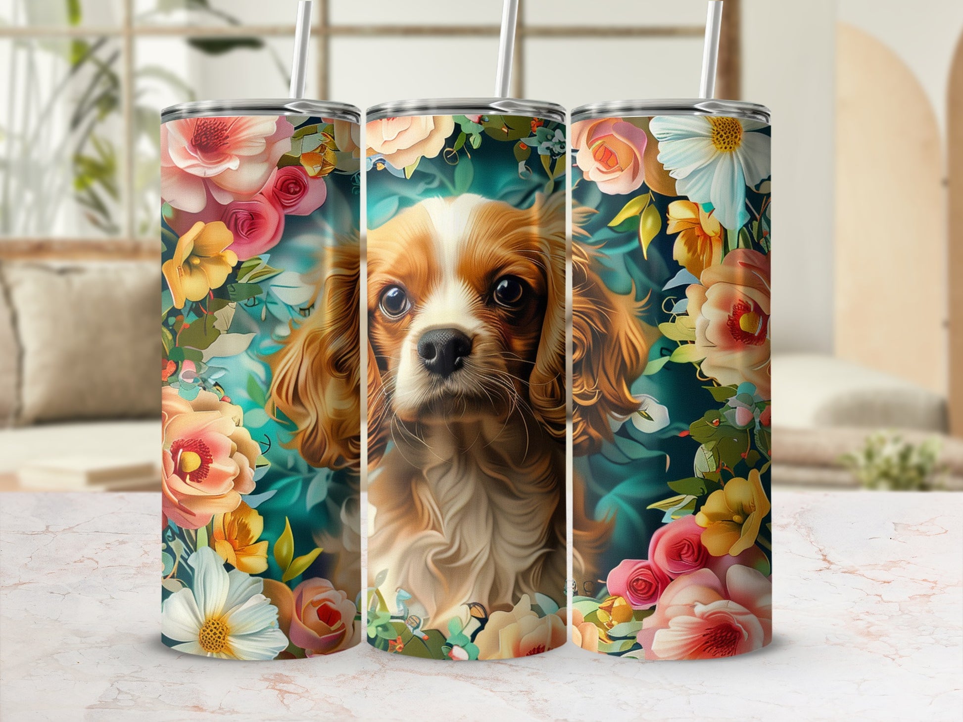 Three tumblers featuring a Cavalier King Charles Spaniel surrounded by floral illustrations.