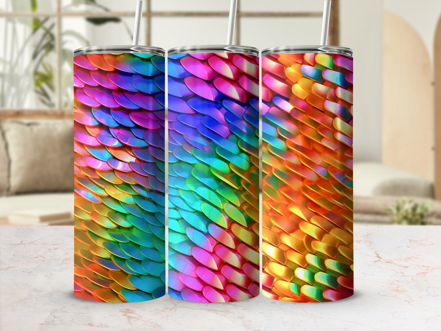 Three tumblers with iridescent scale patterns in various color gradients.