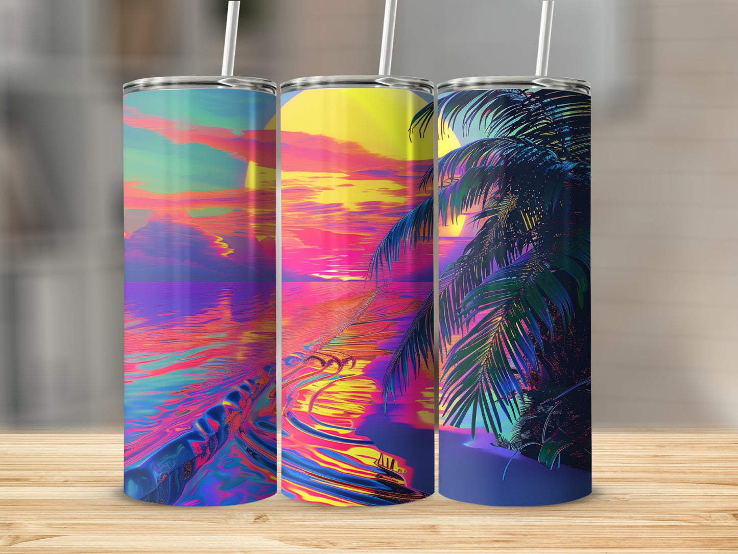 Three tall tumblers with psychedelic sunset and palm tree designs.