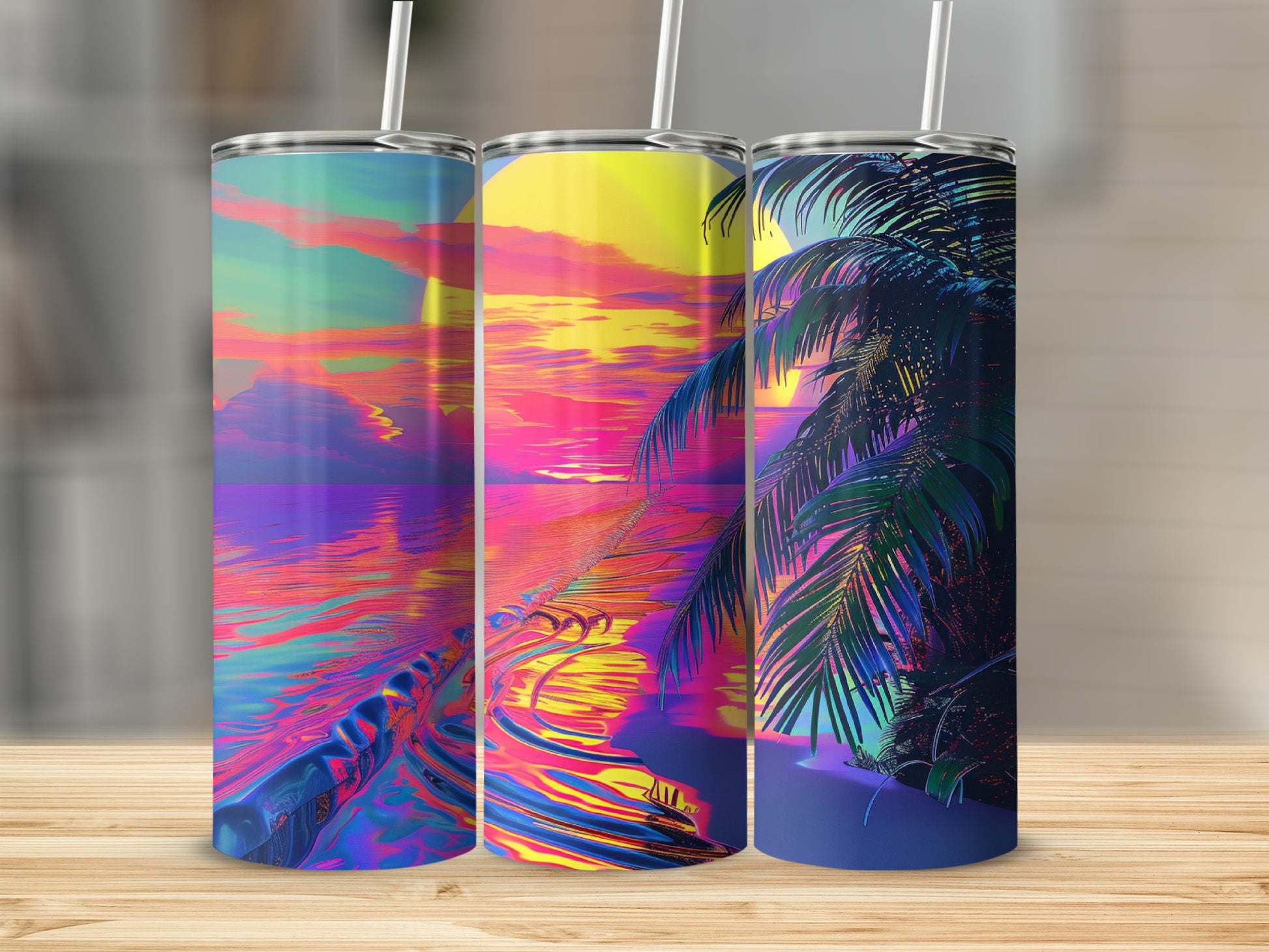 Three tall tumblers with psychedelic sunset and palm tree designs.
