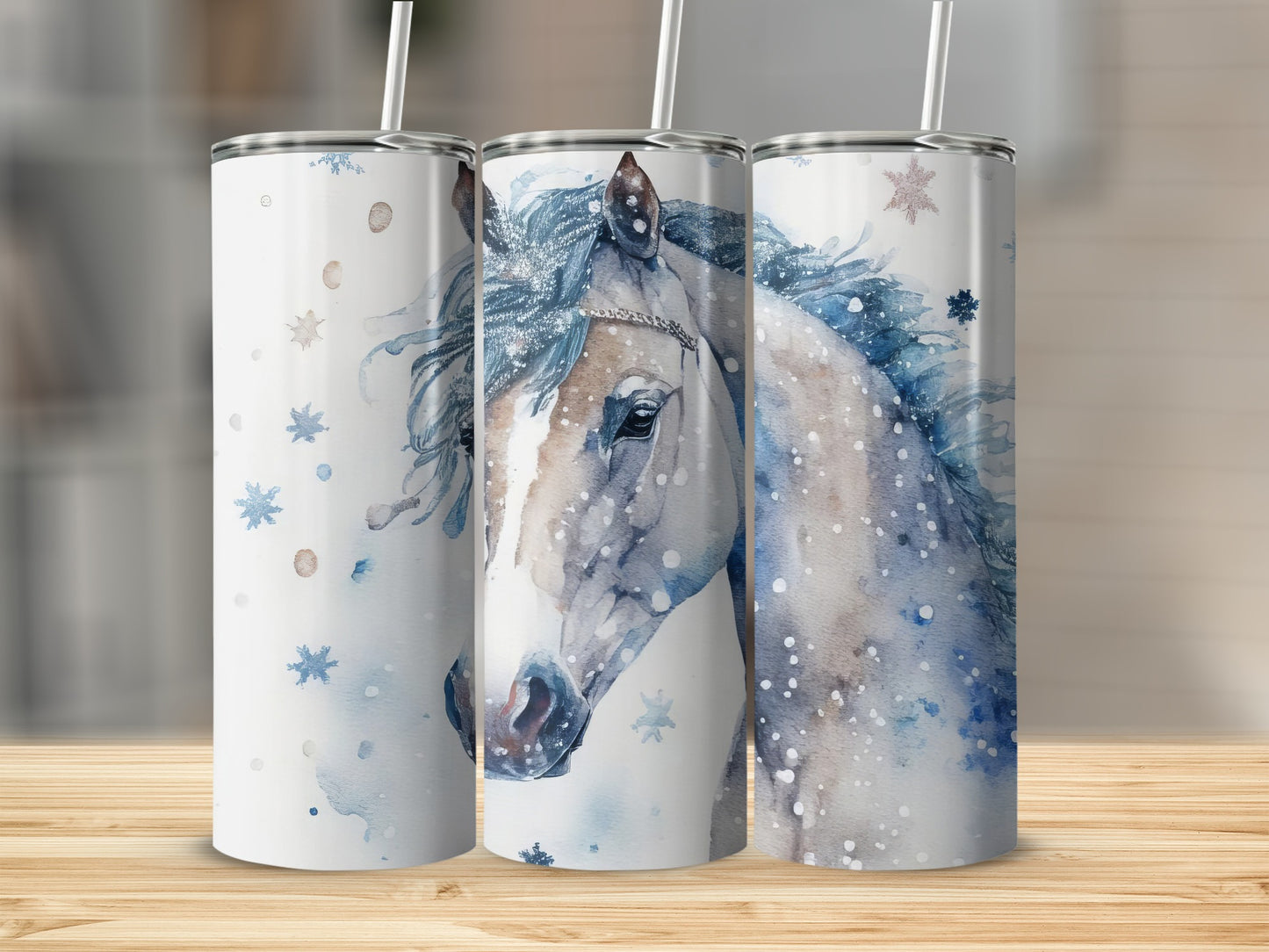 Watercolor horse with snowflakes on a white tumbler.