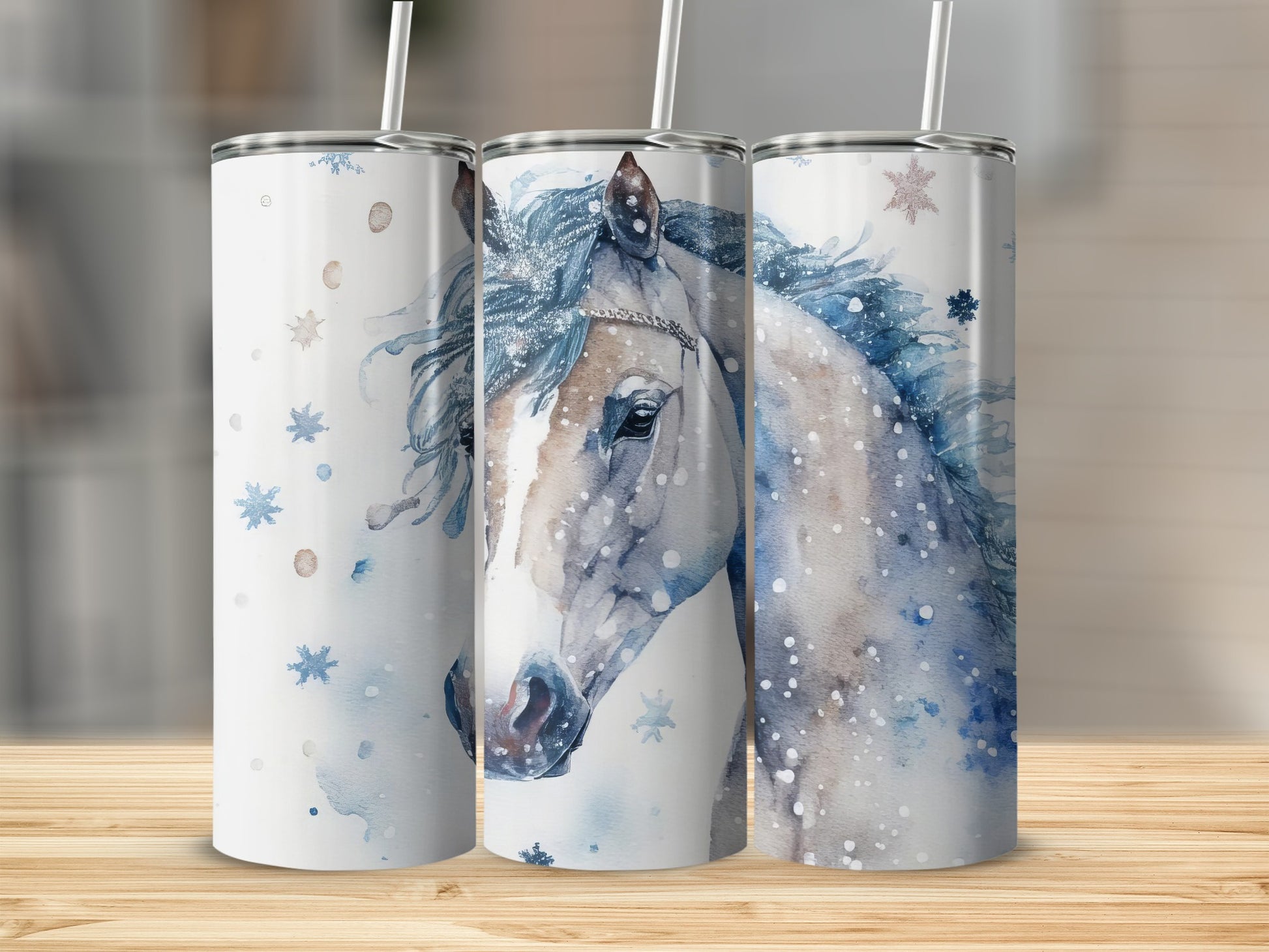 Watercolor horse with snowflakes on a white tumbler.