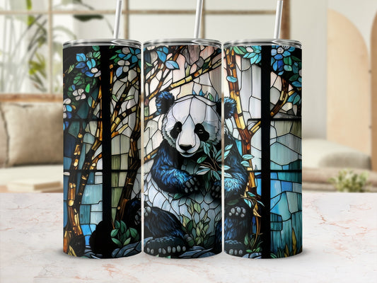 Panda in stained glass pattern on a tumbler with a straw.