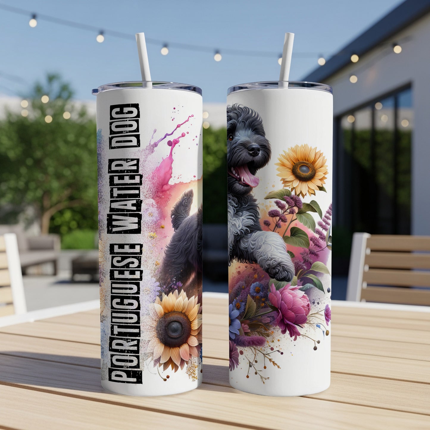 Portuguese Water Dog illustration on tumblers with floral accents.