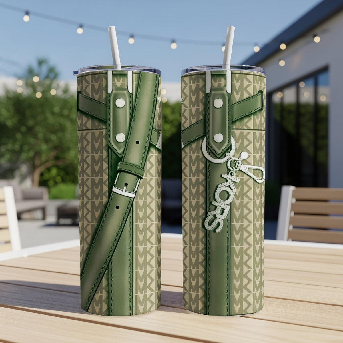 Two green Michael Kors tumblers with MK logo pattern and silver charm.