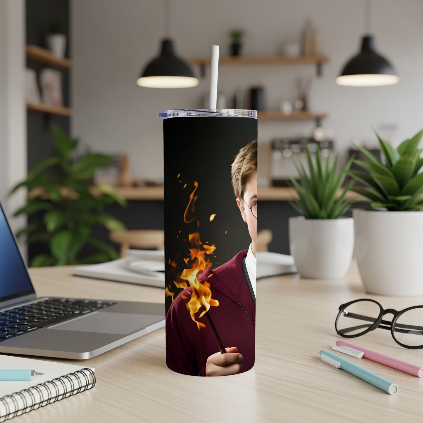 Young wizard with glasses holding a wand, fire bursts from the wand tip.
