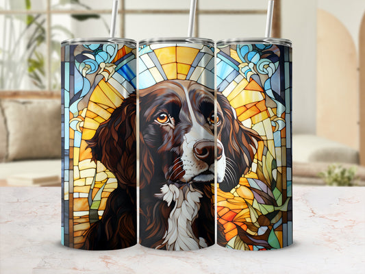 Triptych of a dog's face with stained-glass border on tumblers.