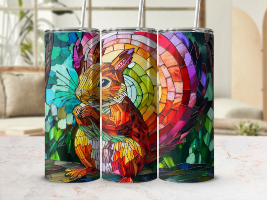 Squirrel on colorful stained glass background with three tumblers.