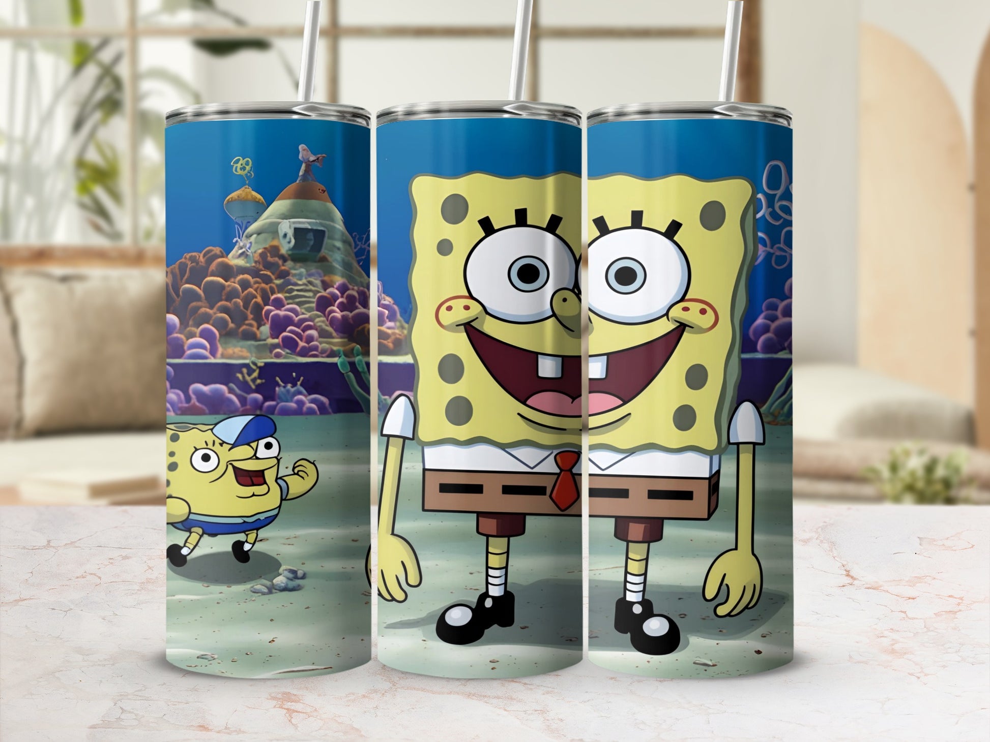 SpongeBob SquarePants characters on a blue tumbler with undersea background.