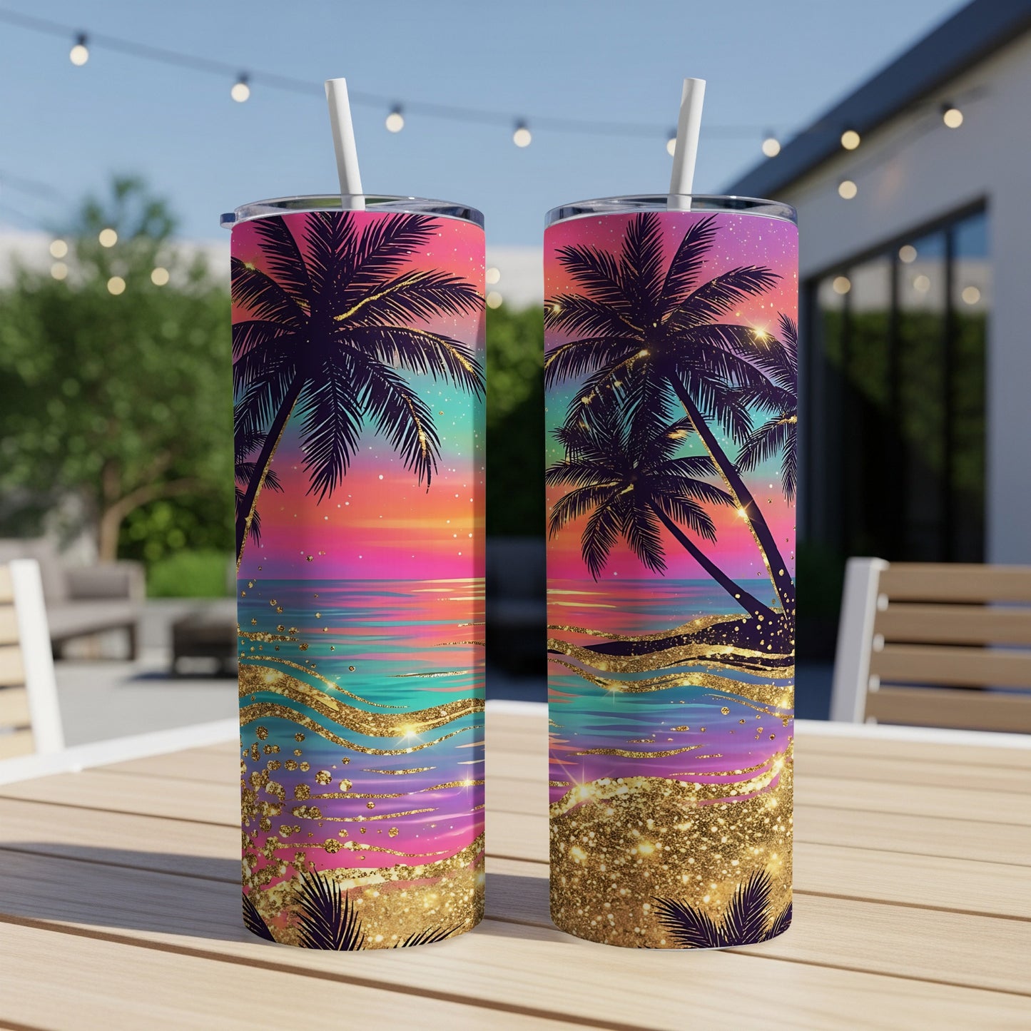 Two tumblers with a tropical sunset palm tree design and gold glitter accents.