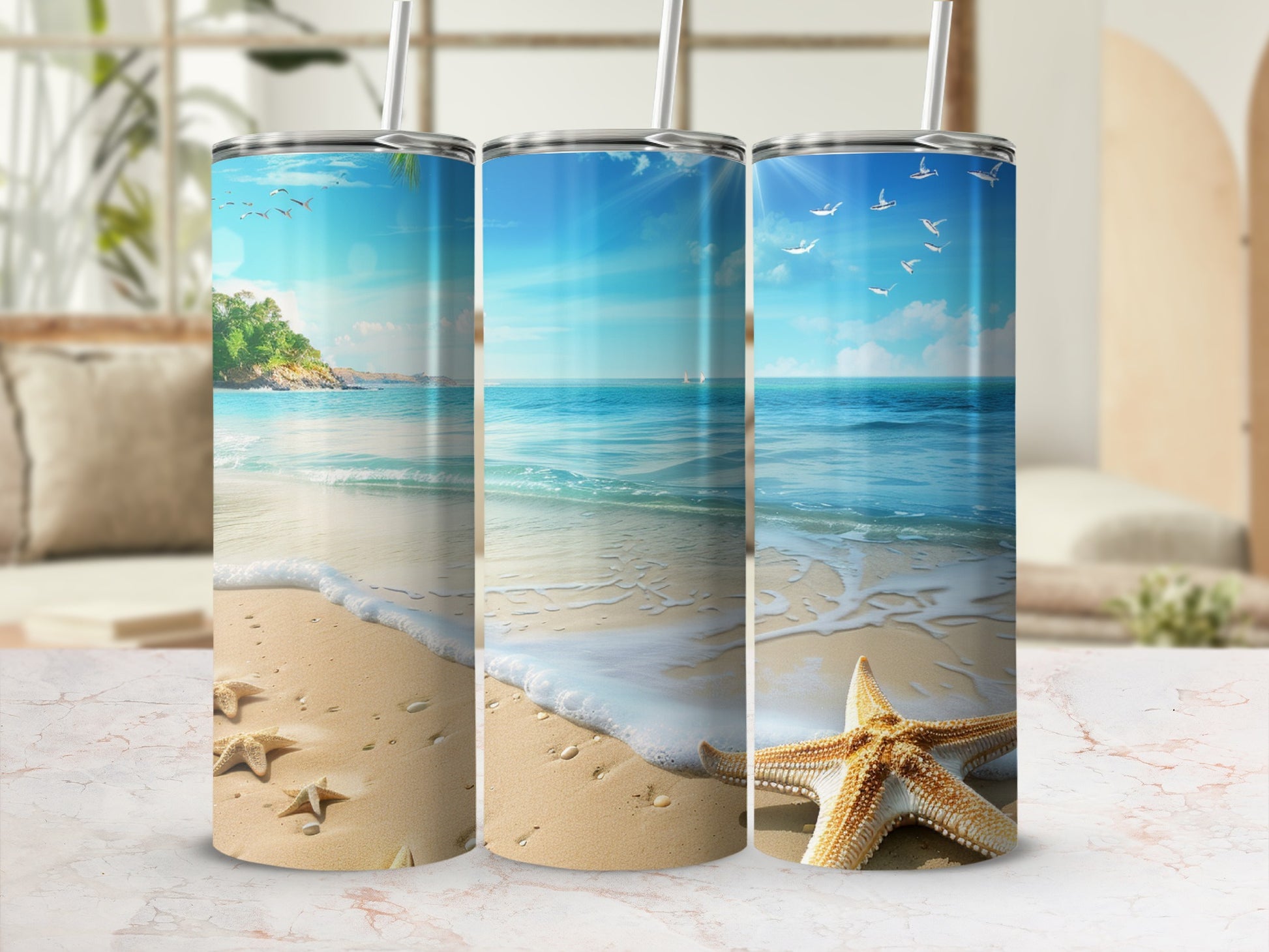 Beach scene with starfish on sand, ocean waves, and birds.