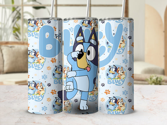 Bluey and Bingo characters on a light blue tumbler with paw print and 'Bluey' text.