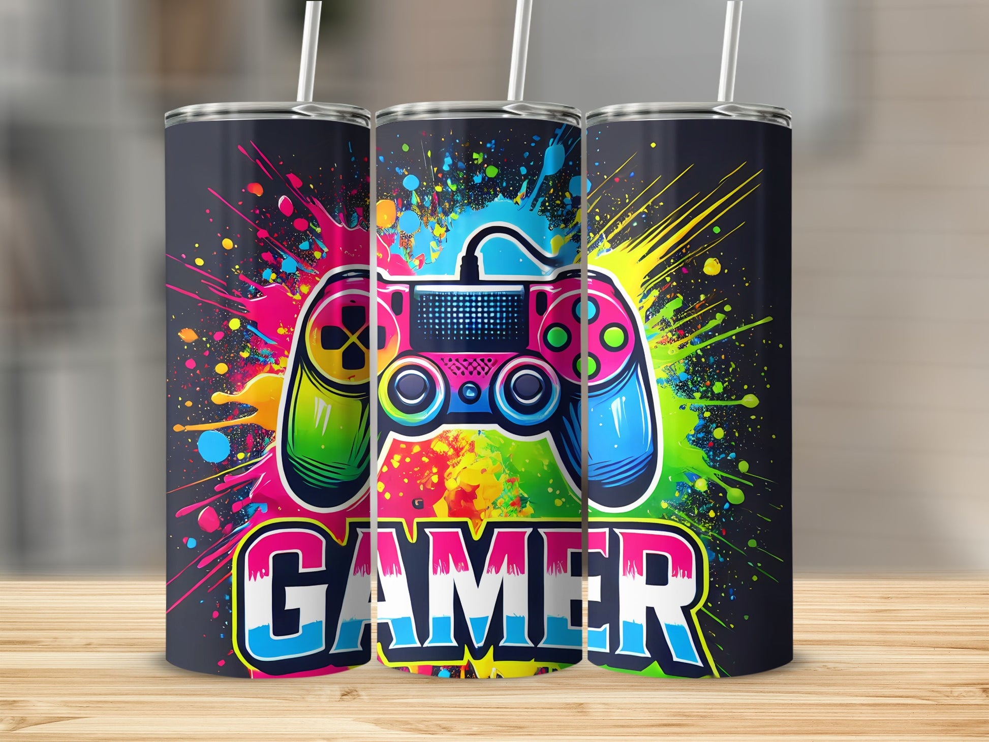 Colorful "GAMER" text with a game controller and paint splatters.