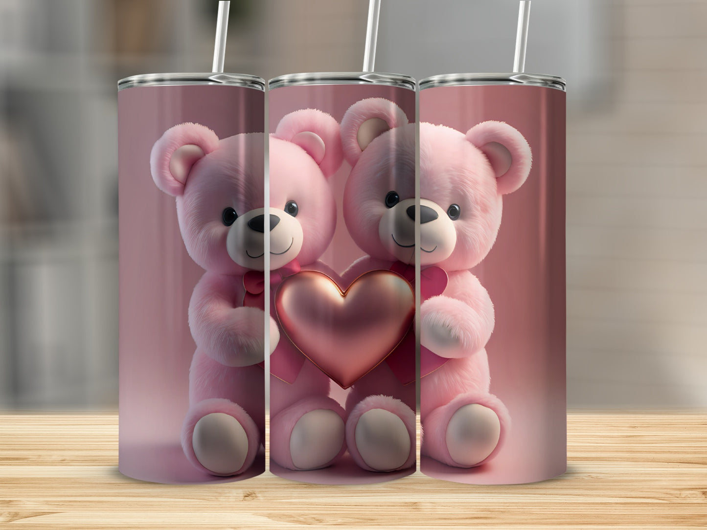 Cute Pink Teddy Bear Holding Heart Design Tumbler