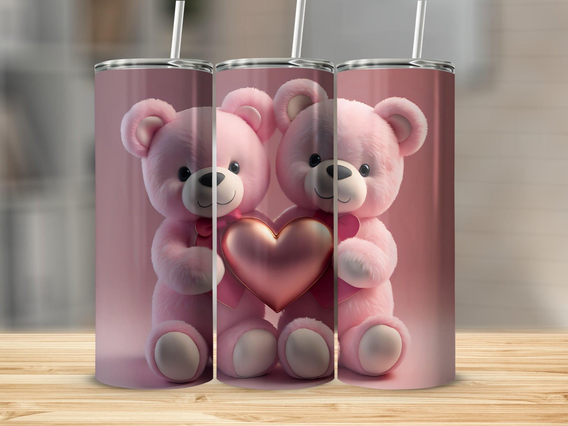 Cute Pink Teddy Bear Holding Heart Design Tumbler
