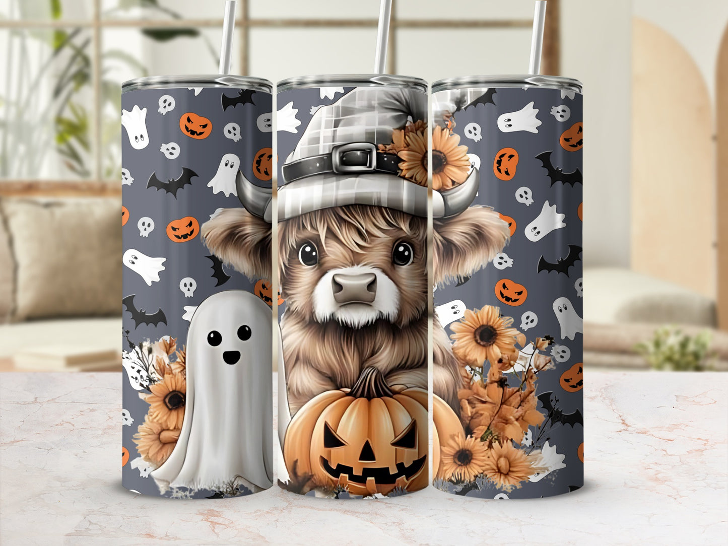 Halloween Themed Tumbler with Ghosts and Pumpkins