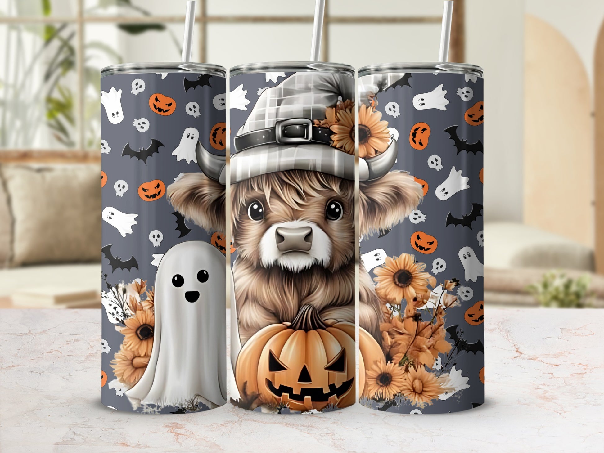 Halloween Themed Tumbler with Ghosts and Pumpkins