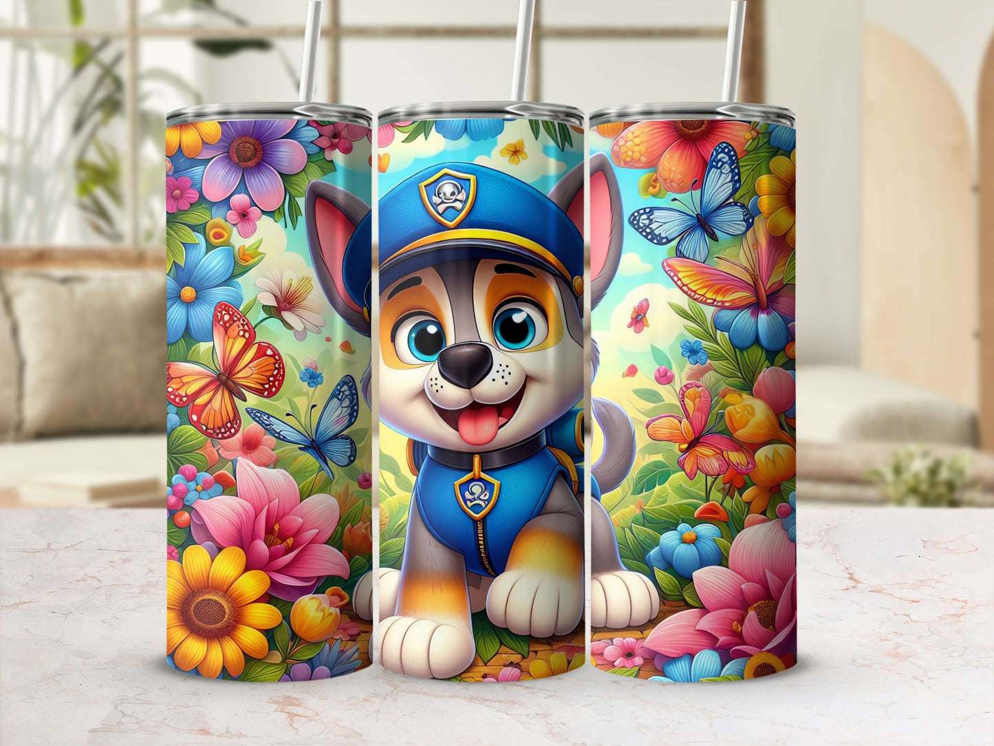 Colorful Puppy and Flower Design Tumbler Cup