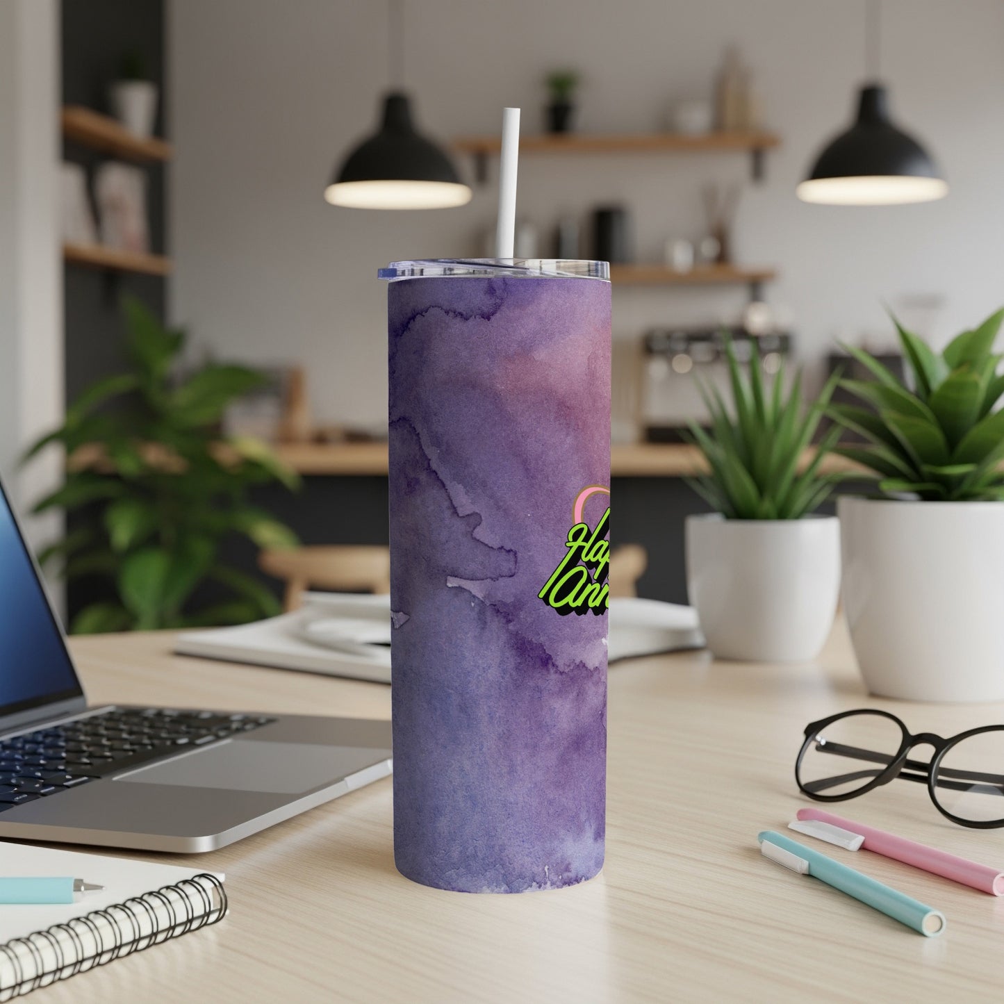 Purple tumbler with "Happy Anniversary" in neon green text.