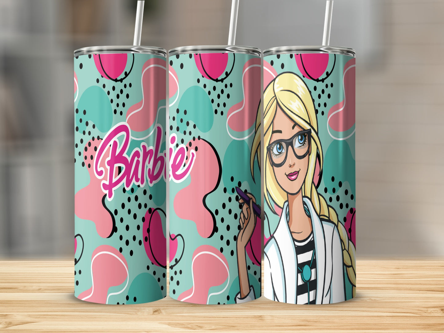 Barbie tumbler with black glasses and pink wavy design.