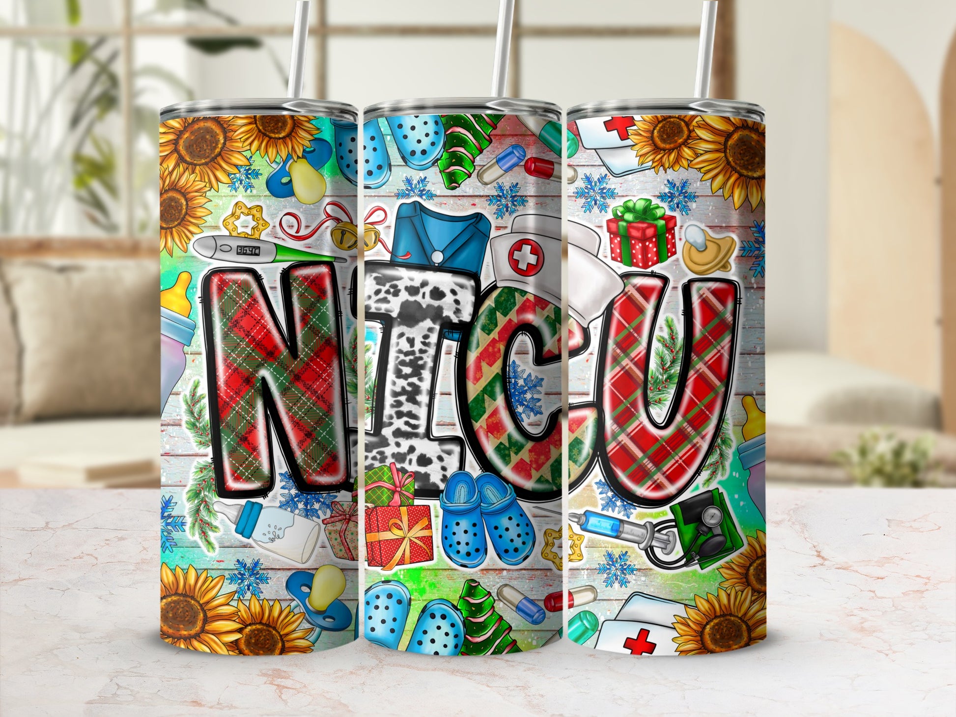 Three tumblers with "NICU" text and holiday and baby-themed graphics.