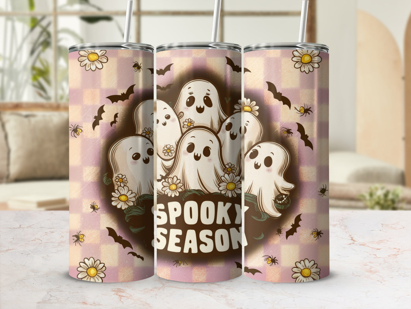 Three tumblers with cute ghosts, bats, spiders, and flowers, text "SPOOKY SEASON".