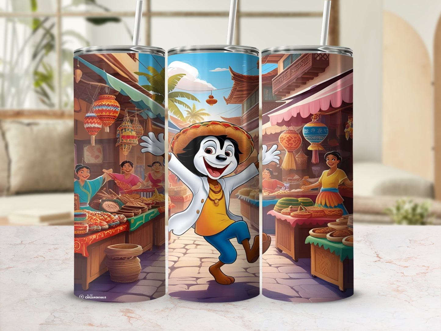 Cartoon dog character in festive market with lanterns and stalls.