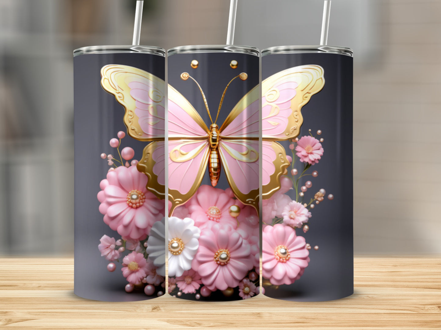 Pink and gold butterfly with flowers on a dark background.