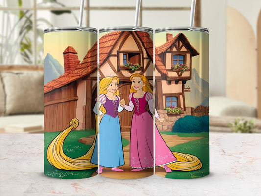 Rapunzel and Eugene in front of a cottage, with sunlight.