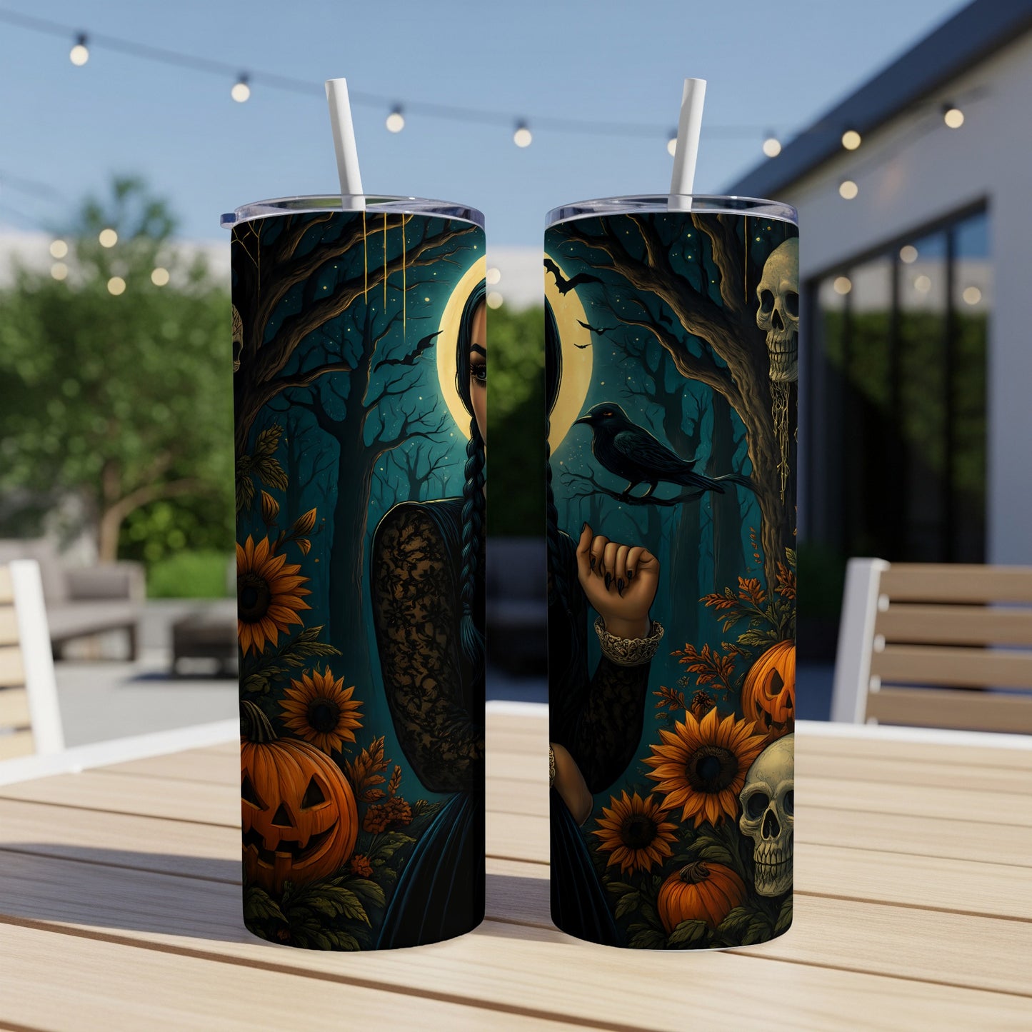 Two tumblers with Halloween-themed artwork featuring a stylized woman, crow, skulls, pumpkins, and sunflowers.