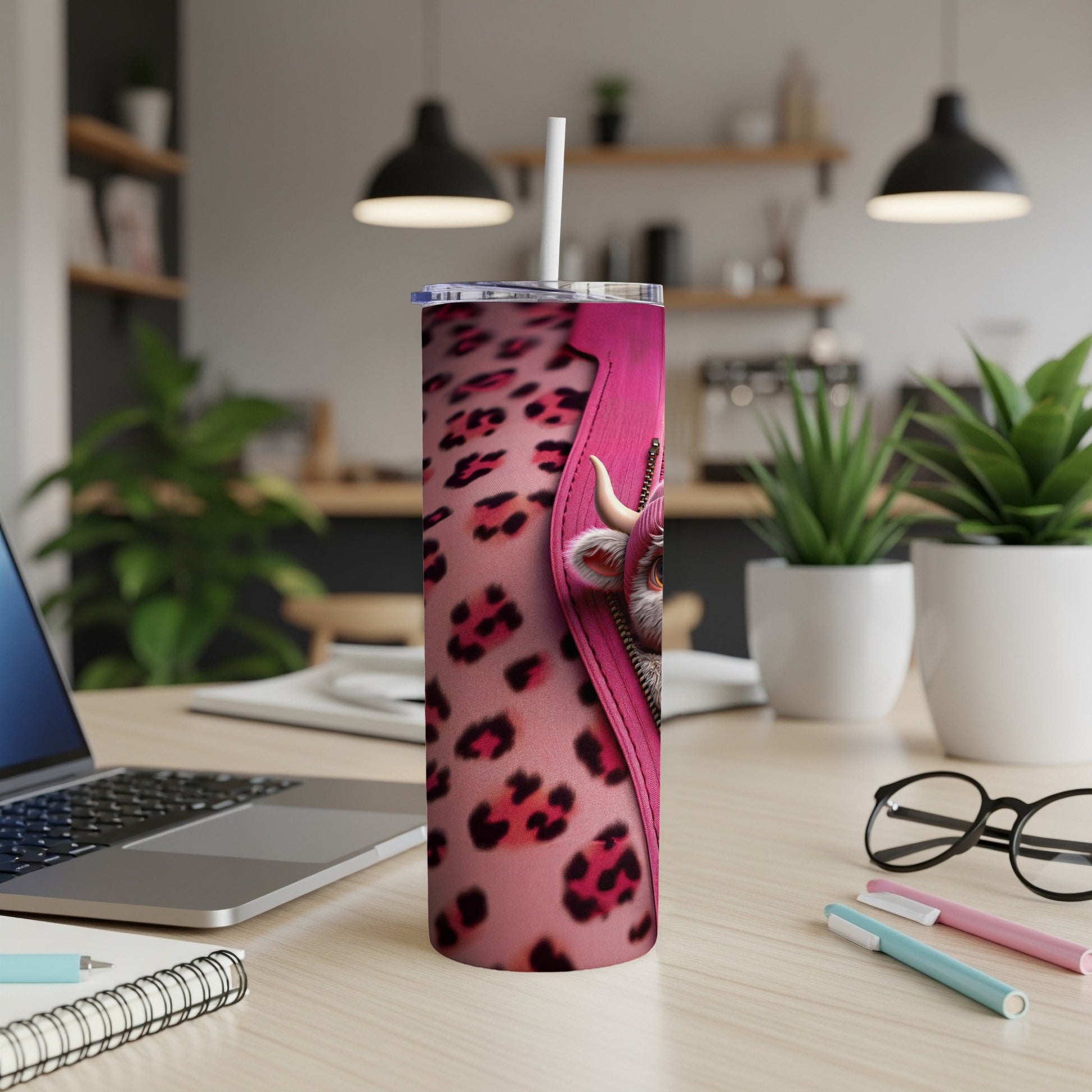 Pink leopard print tumbler with cartoon cow design, office desk background.