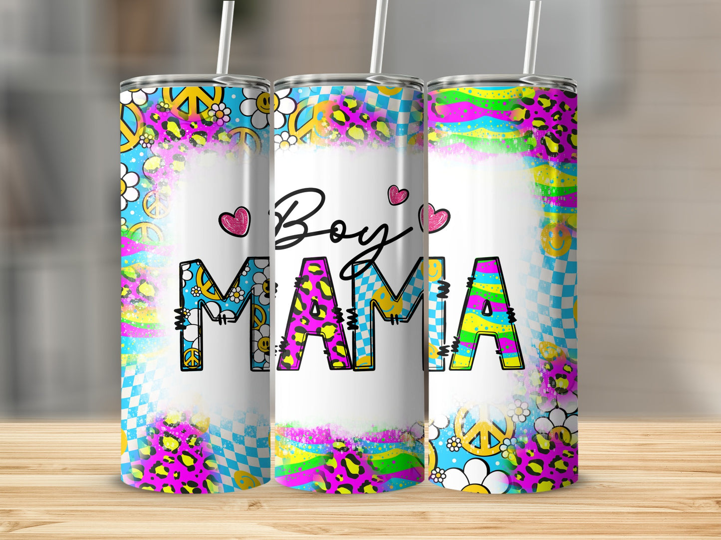 Colorful Boy Mama Design with Hearts and Patterns Tumbler