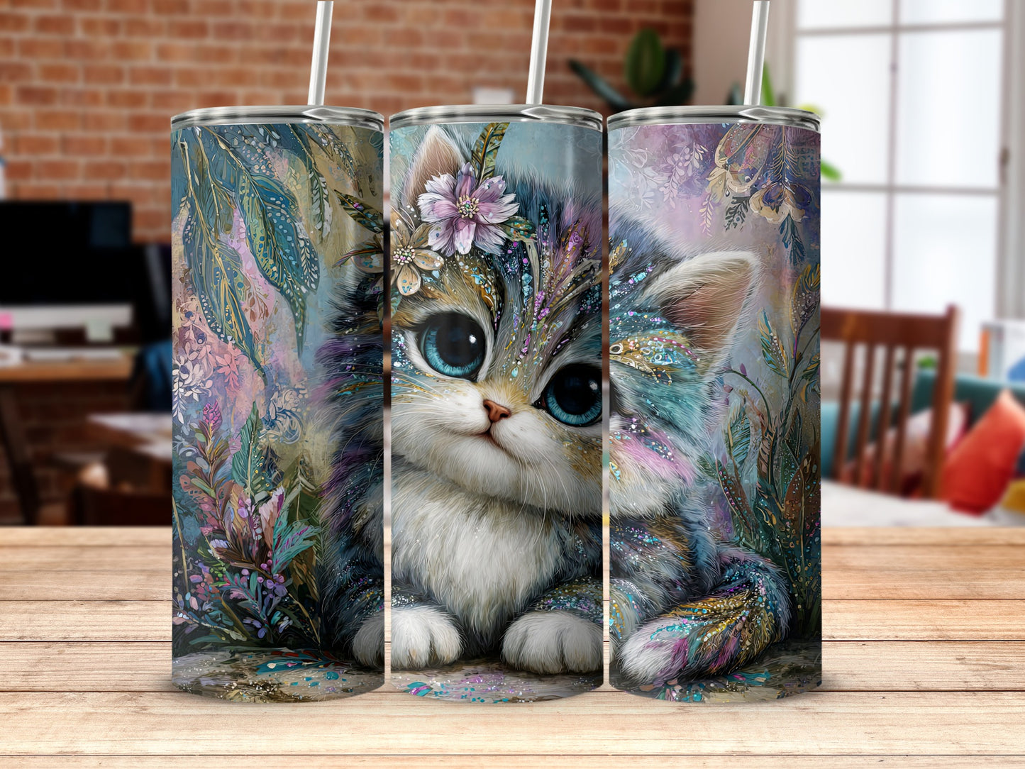 Enchanting Cat Art Tumbler with Colorful Floral Accents