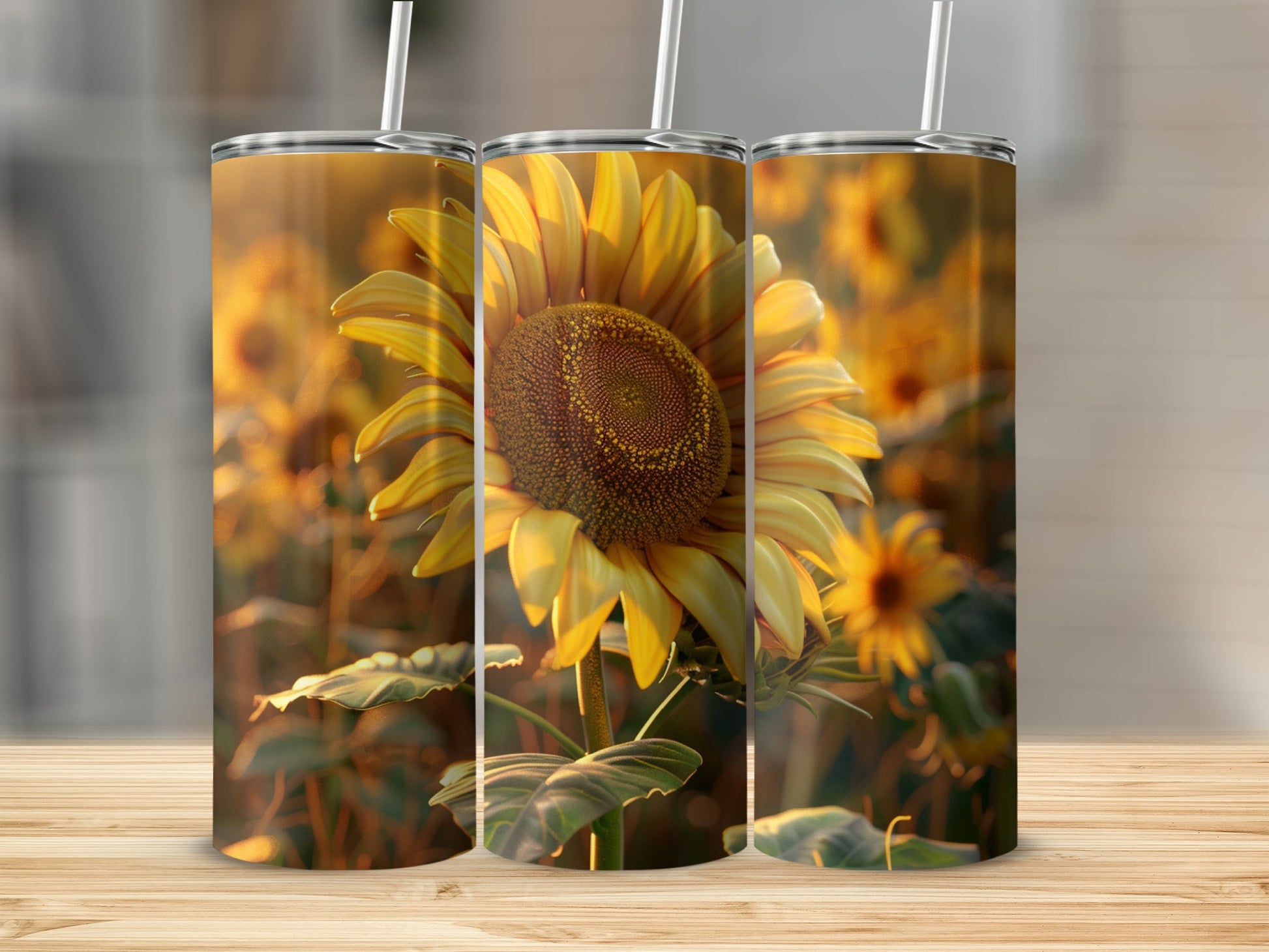 Three tumblers featuring a close-up of a sunflower in golden sunlight.