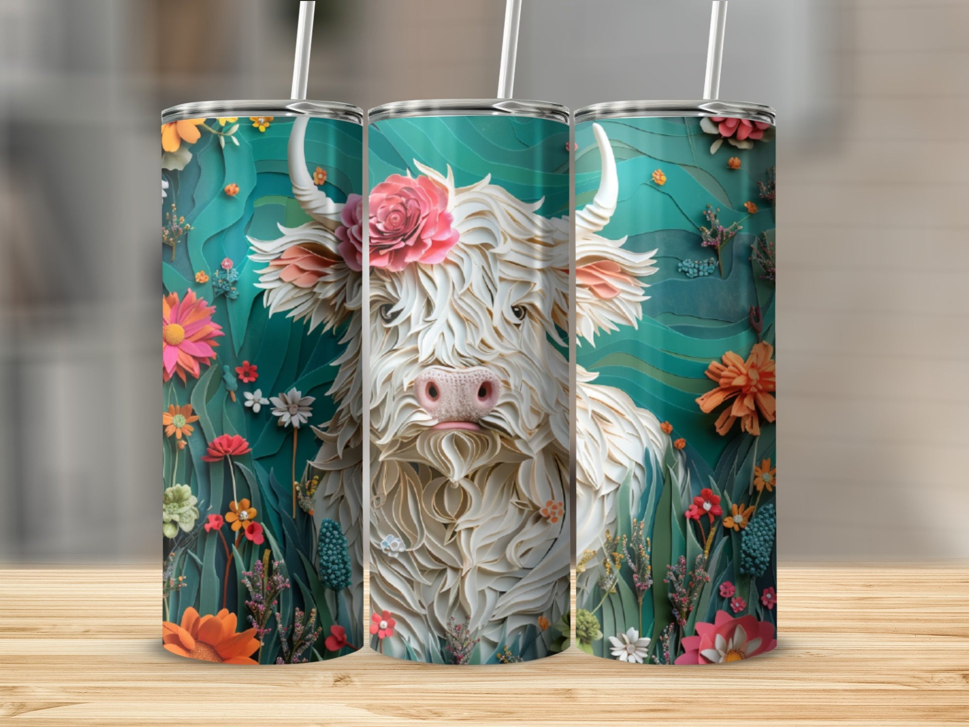 White Highland cow with pink nose surrounded by colorful flowers.