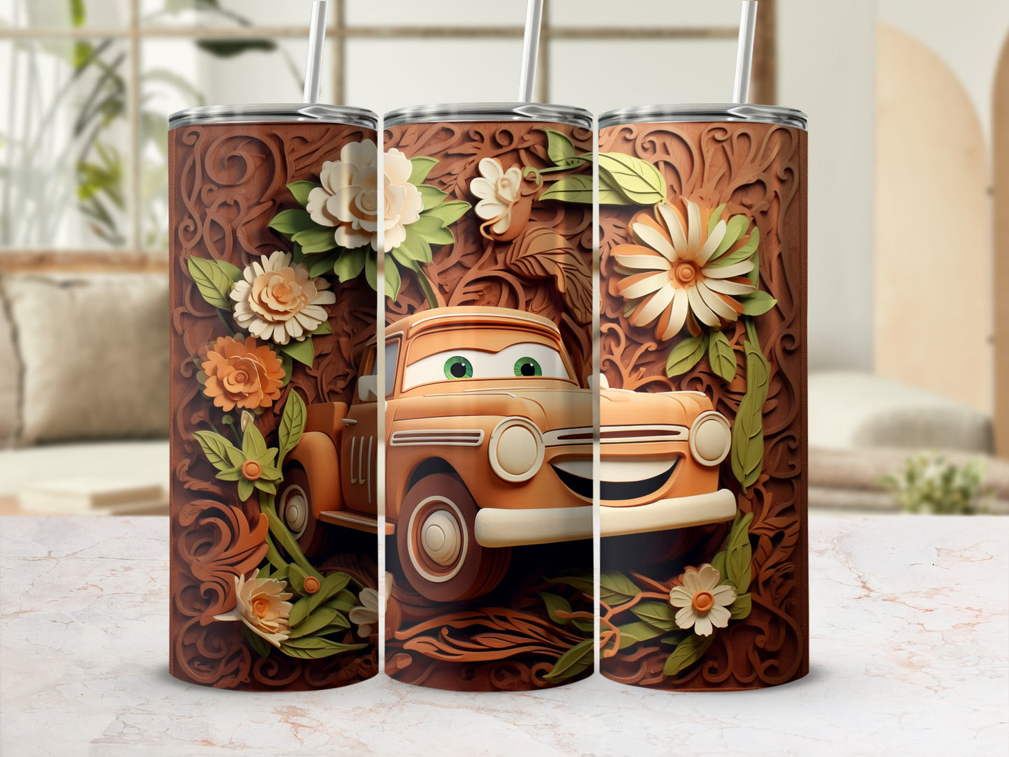 Vintage Car and Floral Design Tumbler Cup