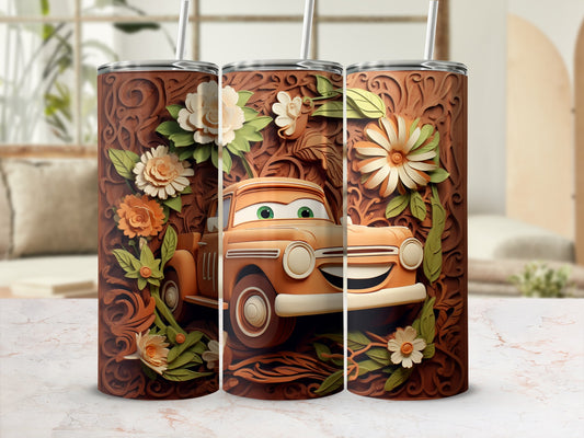 Vintage Car and Floral Design Tumbler Cup