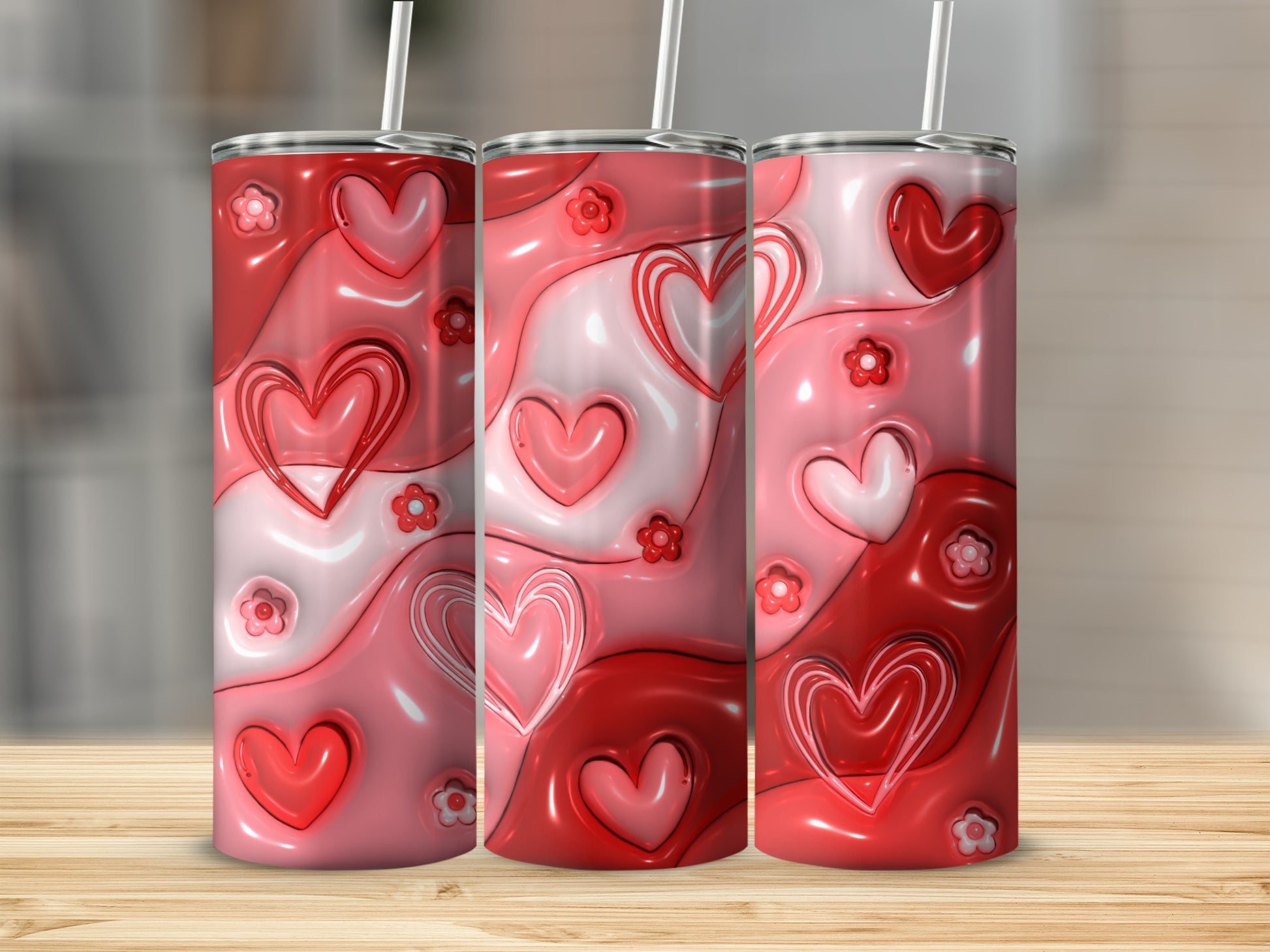 Glossy Pink Red Wavy Hearts Flowers Pattern Tumbler product type
