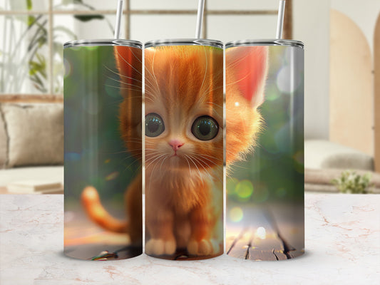 Cute orange tabby kitten with large eyes on a tumbler design.
